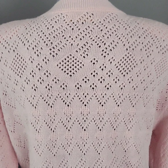 Vintage 80s Helen Harper Pink Pointelle Cardigan | Structured Shoulder | L - Picture 5 of 11